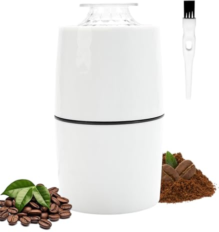 Electric Coffee Grinder and Spice Mill, Multi-Functional Herb and Bean Grinder with Integrated Brush, One-Touch Push-Button Stainless Steel Grinding for Grains, Peanuts, White