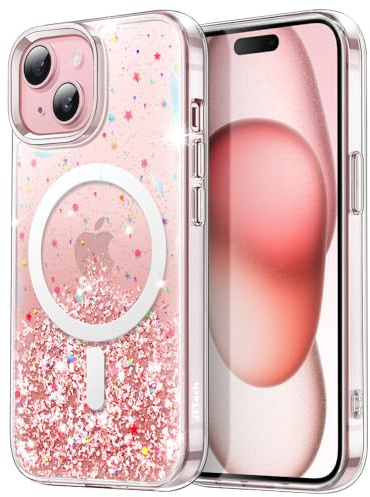 JETech Coque à Paillettes pour iPhone 15 6,1 Pouces Compatible avec MagSafe, Transparente Mignon Bling Étincelant pour Femmes et Filles, Étui Housse Magnétique Brillante (Rose)