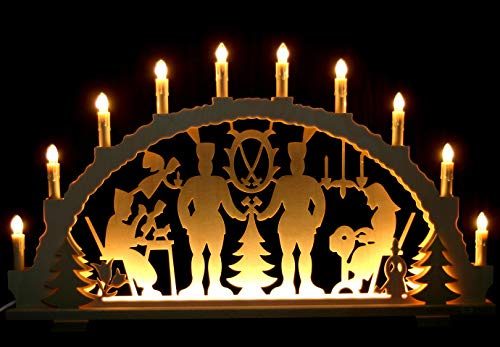 Großer Schwibbogen 70cm x 40cm mit 10 Kerzen und LED Vorbeleuchtung - Bergmann/Schnitzer/Klöppelfrau - traditionelles Motiv - Handarbeit aus dem Erzgebirge - Schwibbogen für Weihnachten