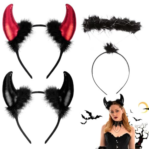 LGZIN 3Stk Haarreifen Teufelshörner Teufelsohren, Teufel Ohren Haarband, Haarreif Heiligenschein, Halloween Teufelshörner, Kopfbedeckung Teufelshörner Haarband für Karneval Partys