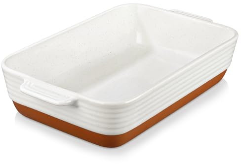 MALACASA Serie TARA, Teglia da Forno in Gres con Manici, 4500ml (40 x 8,7 cm), Ideale per Lasagne, Gratinati e Arrosti, Lavabile in Lavastoviglie, Bianco Vaniglia con Smalto Sesamo Abbinato al Cachi
