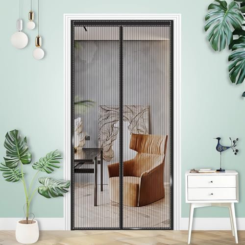 Moskitonetz, 125 x 220 cm, ultradünnes Netz, Fliegengitter, magnetisch, Vorhang, schwarze Streifen, Fliegenschutz, Insektenschutz, Magnetverschluss, Installation ohne Bohren, mit Klebestreifen