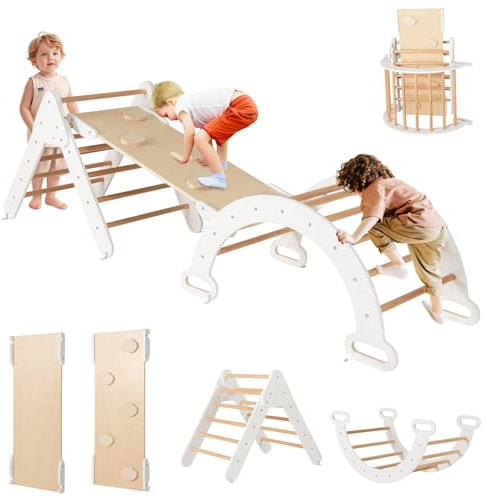 RELAX4LIFE 4 in 1 Triangolo da Arrampicata con Scivolo per Bambini, Arco da Arrampicata e Scala per Arrampicarsi in Legno, Montessori Giocattoli Bimbi 2 3 4 5 Anni (Bianco)