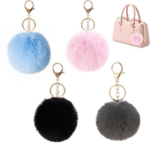 Lot de 4 Porte-clés à Pompons en Peluche, Pendentifs de Sac Multicolores, Accessoires de Mode pour Sac à Main, Clés, Voiture, Diamètre 8 cm, Couleurs Assorties (Noir, Rouge, Bleu, Rose), Taille M