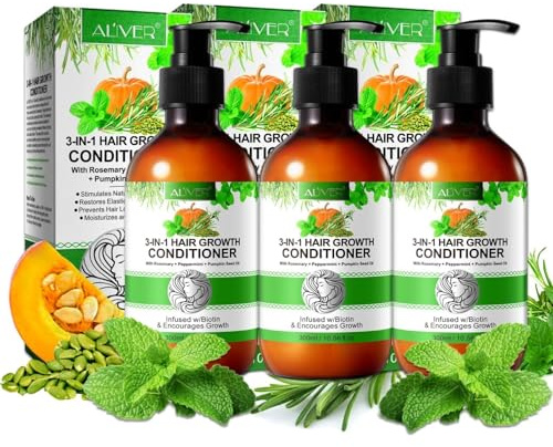 P-Beauty, balsamo 3 in 1, rosmarino, olio di menta e semi di zucca, 3 x 300 ml, balsamo per capelli con biotina, per la crescita dei capelli e rigenerante