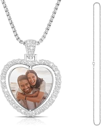 Getagift Personalised Photo Locket Pendant Necklaces For Men-Women, Rhinestone Trays Pendant, With Thick Chain, Silver Tone. (Heart)