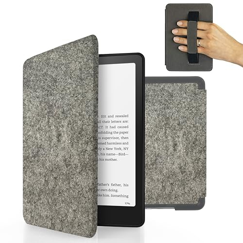 MyGadget Filz Hülle für Kindle Paperwhite 12. Generation [ 2024 - SA569P - 7 Zoll ] mit Handschlaufe & Auto Sleep | Wake Funktion - Flip Case in Hellgrau
