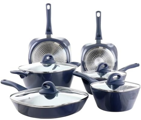 DYHWAC Juego de Utensilios de Cocina de Aluminio antiadherentes de cerámica de 10 Piezas en Juego de ollas y sartenes Azules, ollas y sartenes for cocinar