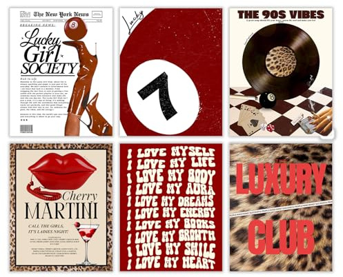 PAINURA Leopard Trendy Wall Art Set of 6 Red Leopard Wall Decor Retro Lucky Ball Posters Posters Y2k Newspaper Print Preppy Pictures Room Decor Funky Girly Canvas Wall Art 8x10 Inch Unframed