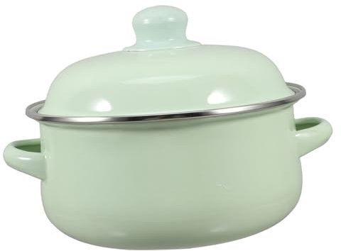 FONDOTIN Vintage Enamel Stockpot with Lid Dual Handle Cooking Pot for Stewing Soups and Noodles Green Enamelware for Home Kitchen Use and Outdoor Gatherings