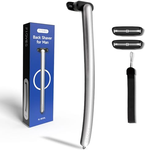 FLOVES Back Shaver for Men - 39.5cm Long Handle Body Hair Razor with 3 Layers Pivoting Head Blade, 3 Replacement Cartridges, Mens Groomer for Back, Chest, and Shoulders (Silver)