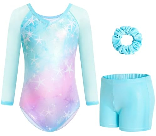 Gogokids Flickor, 3-delad v-ringning, gymnastikdräkt, 3/4-ärm, turnoutfit med nätsplicing-design, gnistrande gymnastikkläder för flickor med shorts och hårband för åldrarna 3–12 och som gymnastikgåva