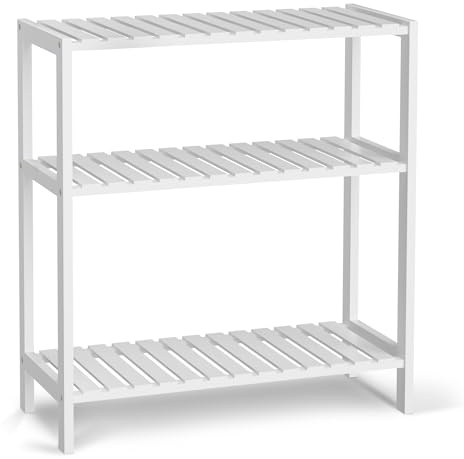 VASMIA Scaffale Legno,Mensole Bagno con 3 Ripiani in Bambù per Bagno, Cucina, Camera da Letto,Porta scarpe salvaspazio,26 x 60 x 66 cm,Bianco
