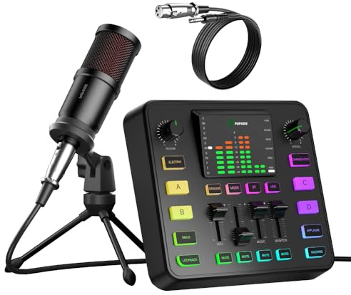 Podcast Equipment Bundle, Audio Mixer with Dynamic Microphone for PC, Gaming Equipment Set for Podcast Recording, Changer Voice/Denoise/Reverb/Bluetooth,Live Streaming, Video Vocals（Phone/PS5)