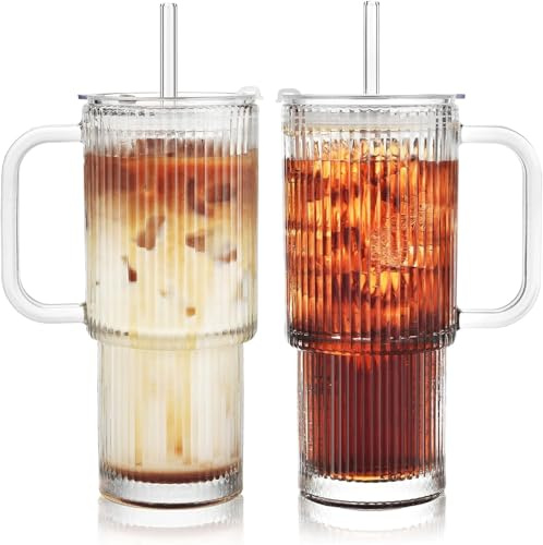 VITEVER 26oz Ribbed Glass Cup with Lids and Straws, 2 Pack Iced Coffee Cups with Straws, Modern Glass Mug for Cold & Hot Beverages, Aesthetic Travel Tumbler for Smoothies, Tea, and Juice