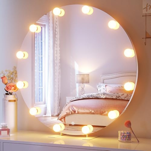 SONNI Hollywood Schminkspiegel Rund 80cm, LED Kosmetikspiegel mit Steckdose | 12 LEDs HD-Spiegel mit Touch, Memory, 3 Lichtfarben & dimmbar. Wandmontage/Standfuß (kippsicher), ideal für den Schminktisch