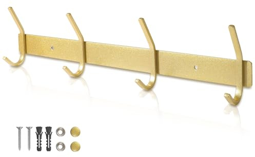 Qiannhee Hakenleiste Kleiderhaken Gold Garderobenleiste Rostfrei 43CM bis 40KG Schwerlast Kleiderhakenleiste Edelstahl Garderobenhaken Kinder mit 4 WandHaken für Jacken Badezimmer Tür Wohnzimmer Flur