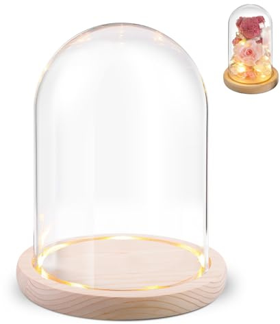 PORFOYO Campana in vetro con fondo in legno, decorazione a cupola di vetro, 12 x 16 cm, per bambole, candele