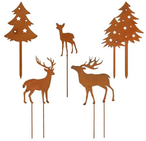 VerLuky 5er Set Weihnachtsbaum Rentiere Gartenstecker,Rost Hirsch Deko Weihnachten Outdoor,Weihnachtsstecker Hirsch Metall,Roststecker für Advent Garten Terrasse Balkon