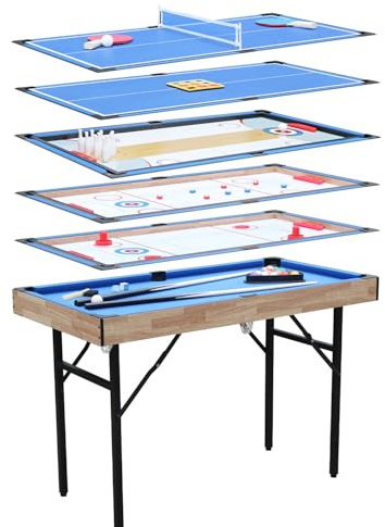 6 in 1 Multi spieltisch, klappbarer Billardtisch, Billard, Hockey, Tischtennis, Bowling, Shuffleboard und Tic Tac Toe mit sämtlichem Zubehör (4 ft)