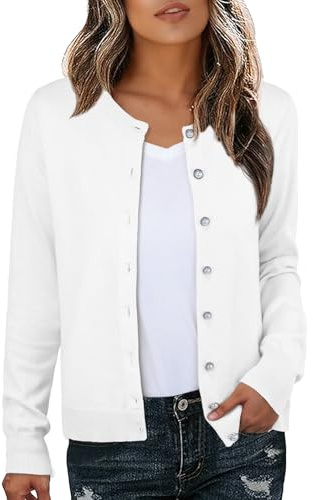 GRECERELLE Stickad kofta dam lätt långärmad cardigan elegant tunn rund hals stickad kofta casual pullover stickväst klassisk stickad lång kofta med pärlknappar, höst, vinter, Vit, S