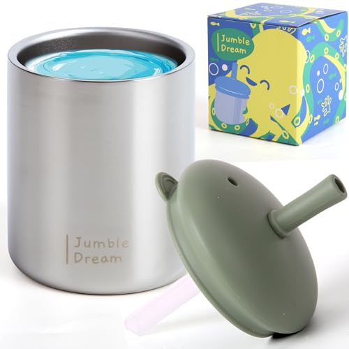 Jumble Dream Stainless Steel Toddler Straw Sippy Cup 210ml – Insulated Spill Proof Sippy Cup with Straw & Silicone Lid – BPA Free Stainless Steel Cup for Toddlers 1-3, 2-4 Years – Transition Cup