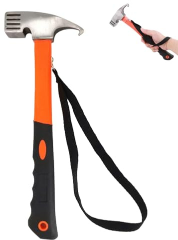 Camping Hammer with Tent Peg Puller, Heavy Duty Multifunction High Carbon Steel Mallet & Stake Remover Tool with Hook Angle Design for Outdoor Camping, Picnic (Orange)