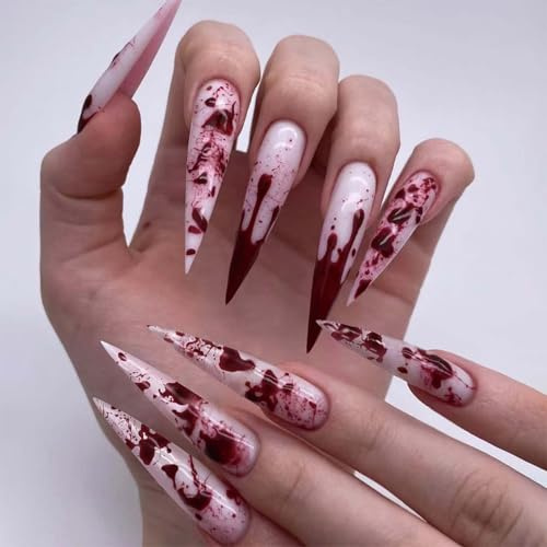 Press on Nails Stiletto Long, 24 Stück Almond Halloween Nägel zum Aufkleben, Fake Blut Design Fingernägel zum Aufkleben Halloween, Full Cover Kunstnägel, Künstliche Nägel für Zombie & Vampir Makeup