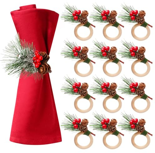 12 Stück Serviettenringe, Weihnachten Serviettenringe, Zeder Und Beere Weihnachtsserviettenringe, Dekorative Napkin Buckles Leichte Tischdeko Für Weihnachten Tisch Hochzeit Urlaub Abendessen