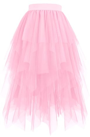 Hanpceirs Damen Tüll Röcke High Low Layered Puffy Fee Röcke A-Linie Midi Rock Unregelmäßiger Tutu Rock Light Pink M