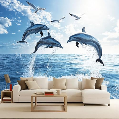 Fotomurales Mar Azul Delfín Gaviota Fotográfico Papel Pintado Pared Dormitorio 300x210 cm Murales 3D Moderno Mate‌ Tejido no Tejido Foto Mural Para Habitación infantil Salon Decoración