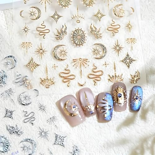 Aribliseza Nagelsticker, 1 Stück Gold und 1 Stück Silber Nagelsticker, 5D Embossed Nail Art Decals mit Sternen, Mond und Sonne, Selbstklebende Nageltattoos für DIY Nägel, Nail Art Dekoration