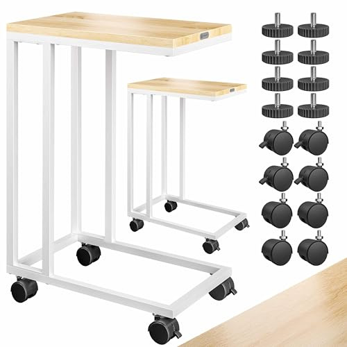 Casaria Beistelltisch Couch 50x35cm Holz 2X | 40kg Belastbar, inkl. Rollen & Standfüßen, Laptop, Kaffeetisch, C Form, Wohnzimmer, Weiß Eiche, Komfortable Höhe, Metall
