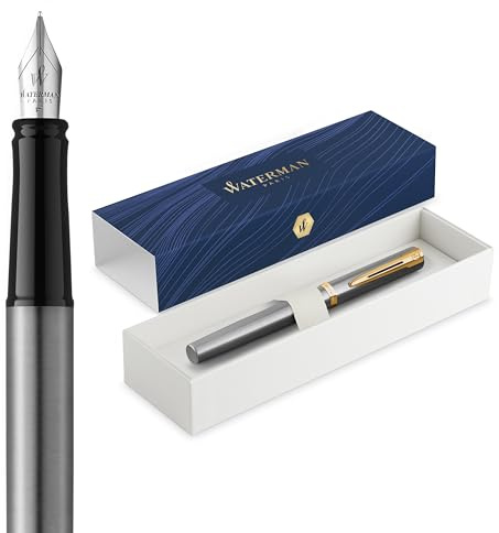 Waterman Impression Pluma estilográfica | Plumín fino con recarga de tinta azul | Acero inoxidable con adornos chapados en oro | Caja de regalo