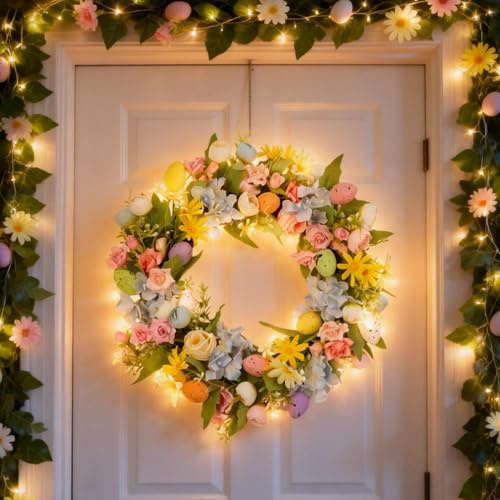 Osterkranz Haustür, Osterei Türkranz Ostern Mit LED Licht, Künstliche Osterdeko Türkranz Frühling, Langfristige Lebensecht Osterkranz Deko Frühlingskranz, Für Fensterdeko Ostern, Wanddeko (D)