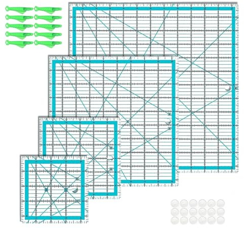 Tressify 6 Pcs Quilting Rulers For Sewing, With Anti-Slip Stickers, Acrylic Rulers 11.4 X 10.2 In, Needle Threader And Dual-Color Grid Lines, For Patchwork