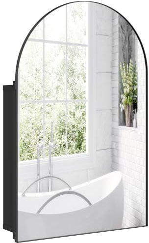 HOMCOM Arched Bathroom Mirror Cabinet Metal Frame Wall 50 x 76 cm Black | Bathroom Wall Cabinet with Mirror and Storage Shelves