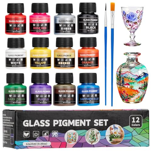 Onperpoe Stained Glass Paint, 300ml Glass Paints for Glass Painting, 12 Colours Painting Kit with 2 Paint Pens, Non-toxic Waterproof Paint for Glasses Ceramic, Crystal Window and Wine Bottles