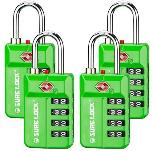 SURE LOCK TSA-zugelassenes 4-stelliges zurücksetzbares Zahlenschloss mit offenem Alarm, leicht ablesbare Zifferblätter – für Gepäck, Schulspinde, Fitnessstudio, Büro, Werkzeugkasten und