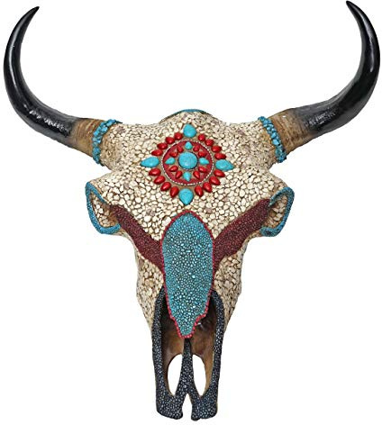 Mendler Deko Kuhschädel HWC-D31 Polyresin 51x50x25cm | Stierkopf, Bulle, Tierkopf, Kuhkopf, Trophäe, mit Mosaik