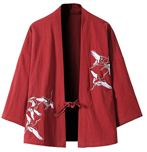 PRIJOUHE Men's Japanese Kimono Jacket Cardigan Yukata Noragi Casual Fashion Seven Sleeves Lightweight Open Front Coat