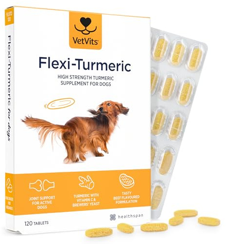 Vetvits by Healthspan Flexi-Turmeric For Dogs (120 Tablets) | Joint Support for Active Dogs | Vitamin C & Brewers’ Yeast | 400mg High-Grade Turmeric | Easy to Crumble on Food | Pet Health