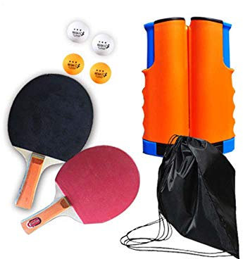 Tischtennis Set für Tisch, Morbuy Tragbares Tischtennis-Set Mit 2 Tischtennisschläger/Schläger + Ausziehbares Tischtennisnetz + 4 Bälle für Familien Urlaub Garten (Orange)