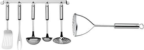 WMF Profi Plus Küchenhelfer Set 6-teilig, Hängeleiste mit 5 Helfer, Schöpflöffel, Schaumlöffel & Profi Plus Kartoffelstampfer 28,5 cm, Cromargan Edelstahl teilmattiert, spülmaschinengeeignet