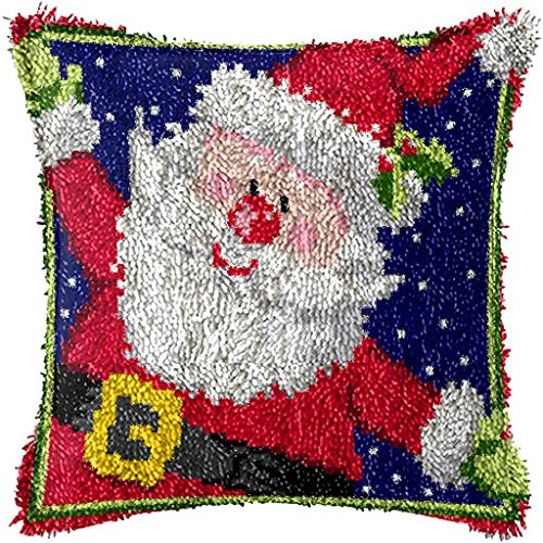 ZUHK Christmas Latch Hook Kits ​with Christmas Pattern Printed Canvas Crochet Gift Cross Stitch Sofa Cushion Cover Tool fit for Kids and Adults,43x43 cm (Santa Claus C)