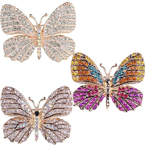 YUEMING 3 Stück Brosche Set, Schmetterling Brosche Kristall Broschen, Schmetterlingbrosche Anstecker für Frauen Mädchen Geburtstagsgeschenk Hochzeit Weihnachten Party Liefern