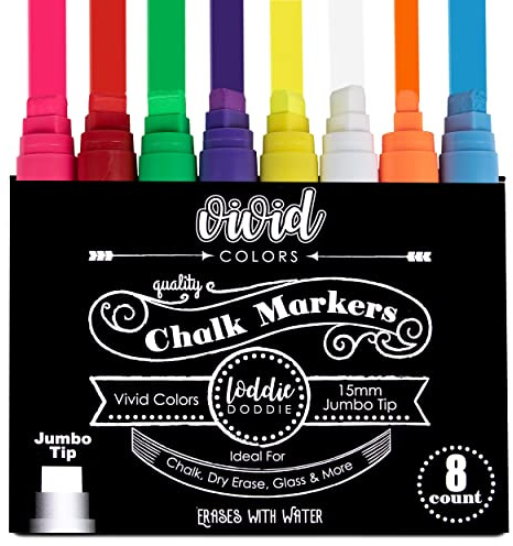 Loddie Doddie Jumbo Chalkboard Markers - 8 Pack, Multicolor, 15 mm Chisel Tip - Easy Erase Smudge Proof Chalk Markers - Bold Bright Colors For Chalk Art - Versatile Dry Erase Pens for Glass