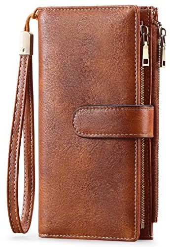 GOIACII Geldbörse Damen, Portemonnaie Damen Leder, RFID Blocking groß und im Langformat mit Mehreren Kartenfächern, Abnehmbarer Handschlaufe