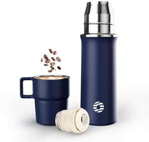 Healter Thermoskanne mit Becher 600ml Thermosflasche Kaffee Auslaufsicher Thermobecher Getränke 12h Warm/24h Kalt BPA-Frei Edelstahl Isolierflasche für Outdoor Camping (Dunkelblau)