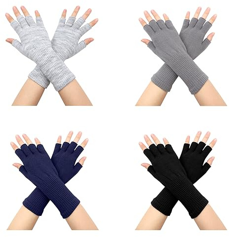 VEGCOO 4 Pairs Half Finger Gloves, Winter Stretch Knit Long Fingerless Gloves for Women Men (Black/Light Grey/Navy/Linen Gray)